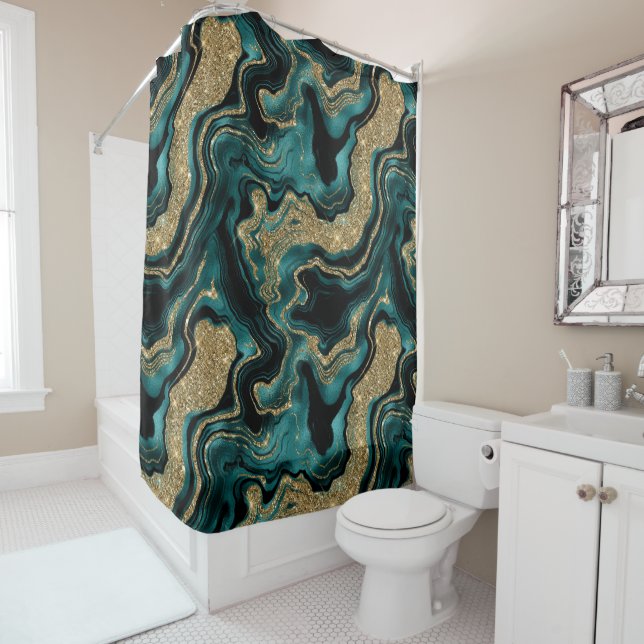 Elegantes Aquamarin-Gold-Glitzer-Muster Duschvorhang (Beispiel)