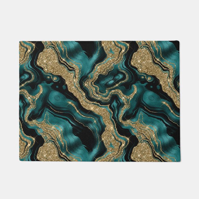 Elegantes Aquamarin-Gold-Glitzer-Muster Fußmatte (Vorderseite)