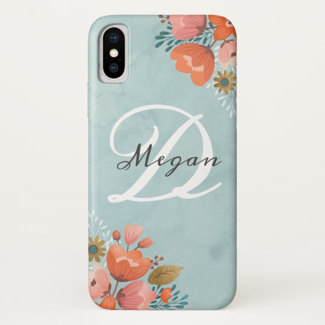 Elegantes Aquamarin rosa Floral Monogramm Case-Mate iPhone Hülle (Rückseite)