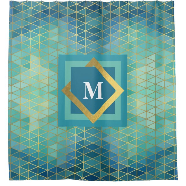 Elegantes Aquamarin-Türkis-Geometrisches Monogramm Duschvorhang (Vorderseite)