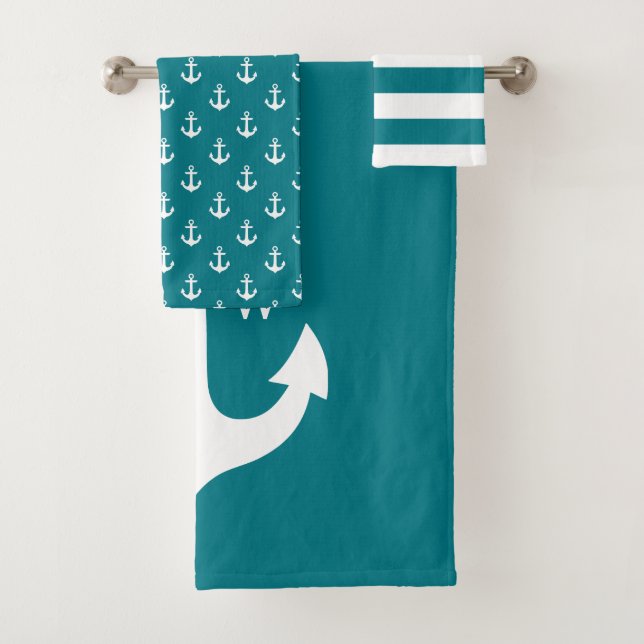 Elegantes aquamarines Anker-Monogramm Badhandtuch Set (Insitu)