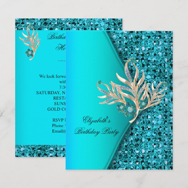 Elegantes Aquamarines Aqua Glitzer Geburtstagspart Einladung (Vorne/Hinten)