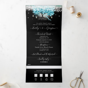 Elegantes Aquamarines Aqua Heart Leaf Tree Wedding Dreifach Gefaltete Einladung