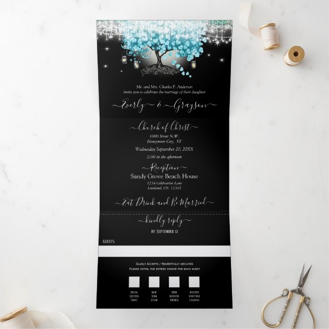 Elegantes Aquamarines Aqua Heart Leaf Tree Wedding Dreifach Gefaltete Einladung (Innenseite)