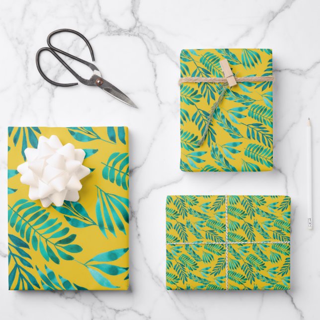 Elegantes Aquamarines Blattmuster aus Gold Geschenkpapier Set (Vorderseite)