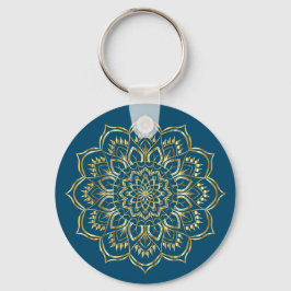 Elegantes, Aquamarines Blau- und Goldflorentmuster Schlüsselanhänger