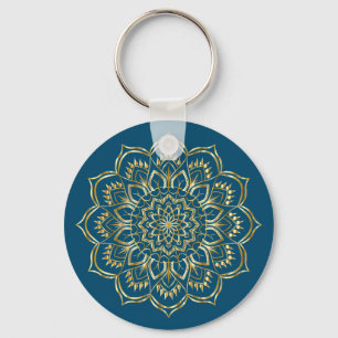 Elegantes, Aquamarines Blau- und Goldflorentmuster Schlüsselanhänger