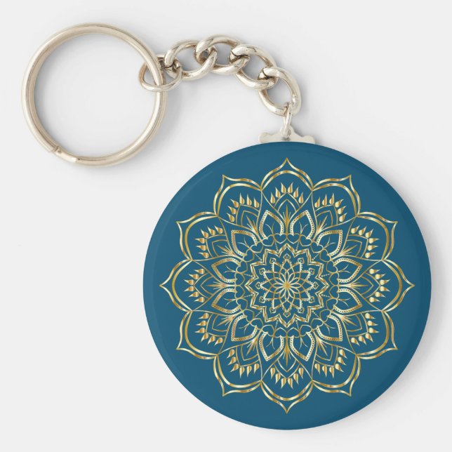Elegantes, Aquamarines Blau- und Goldflorentmuster Schlüsselanhänger (Vorne)