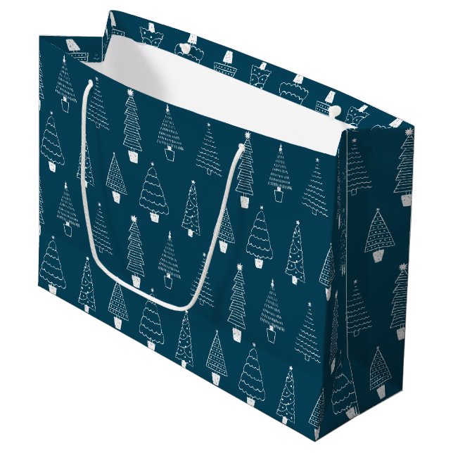 Elegantes Aquamarines Blaues Weihnachtsbaummuster Große Geschenktüte (Vorderseite Schrägansicht)