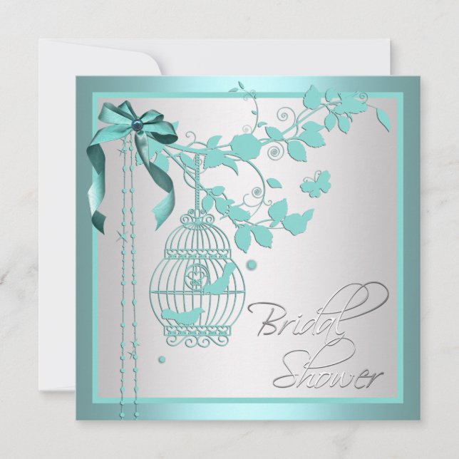 Elegantes Aquamarines Blue Birdcage-Brautparty Einladung (Vorderseite)