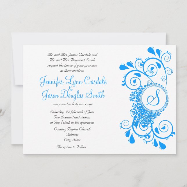 Elegantes Aquamarines Blue Blüh Monogram Wedite Einladung (Vorderseite)