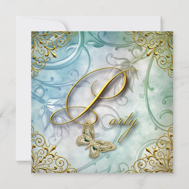 Elegantes Aquamarines Blue Butterfly Floral Gold P Einladung (Vorderseite)