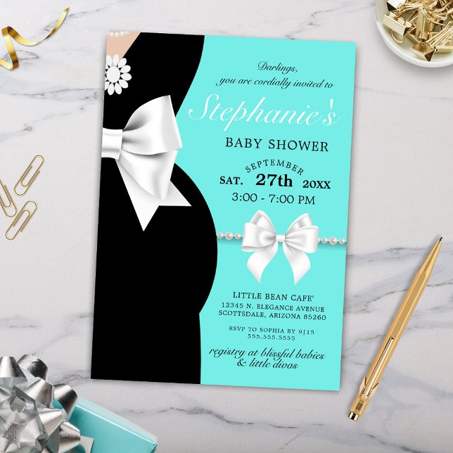 Elegantes Aquamarines Blue Glam Tiffany Theme Kind Einladung (Elegant Little Black Dress Bows and Pearls Baby Shower Invitation with Tiffany Theme)