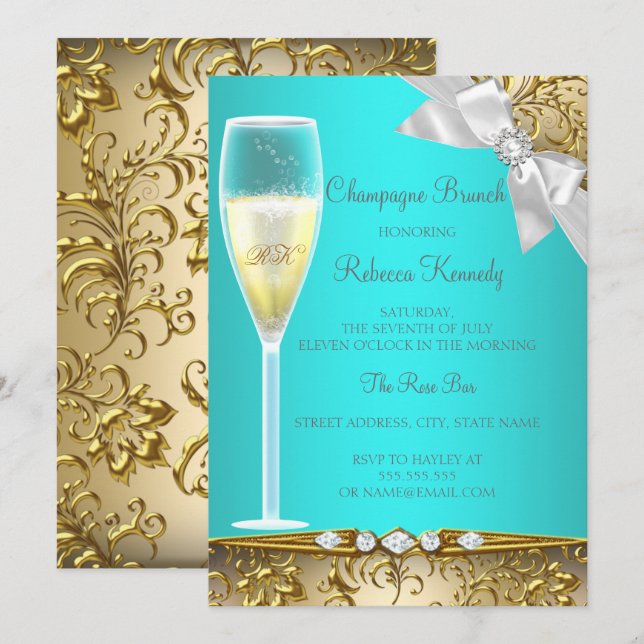 Elegantes Aquamarines Blue Gold Weißer Champagner  Einladung (Vorne/Hinten)