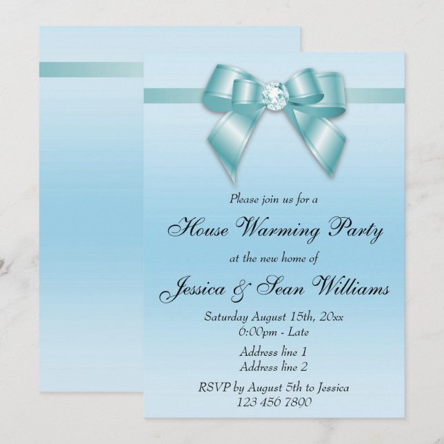 Elegantes Aquamarines Bow House Erwärmung Party Einladung (Vorne/Hinten)