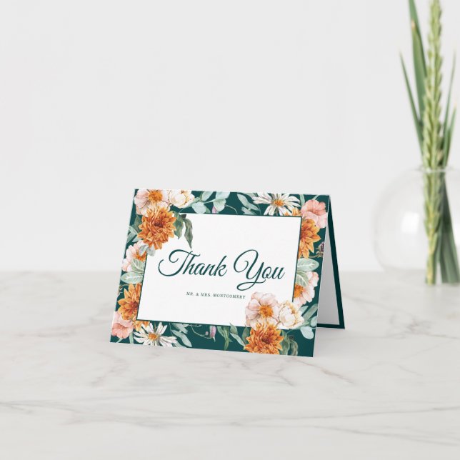 Elegantes Aquamarines Burnt Orange Floral Wedding  Dankeskarte (Vorderseite)