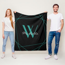 Elegantes Aquamarines geometrisches Schwarzes Mono Fleecedecke