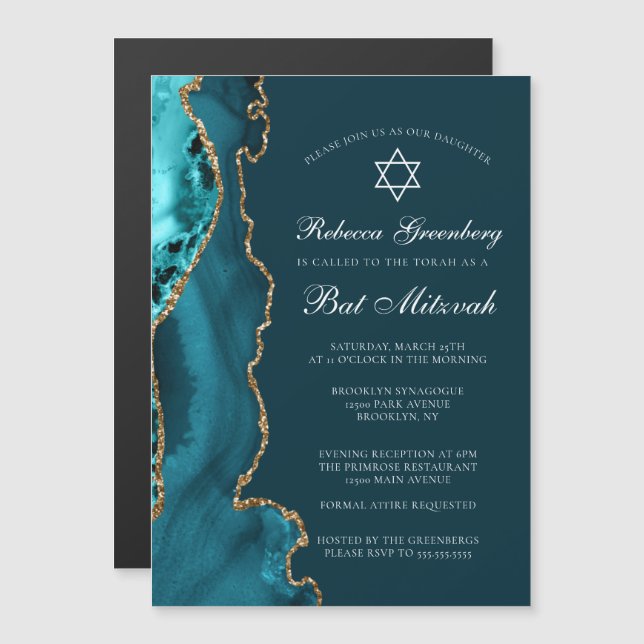 Elegantes Aquamarines Gold Agate Bat Mitzvah Party Magneteinladung (Vorne/Hinten)