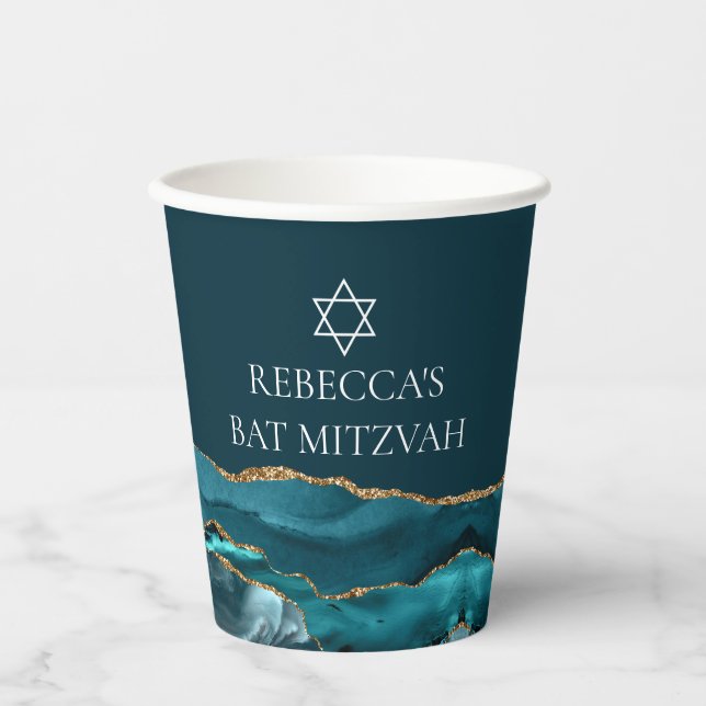 Elegantes Aquamarines Gold Bat Mitzvah Party Custo Pappbecher (Vorderseite)