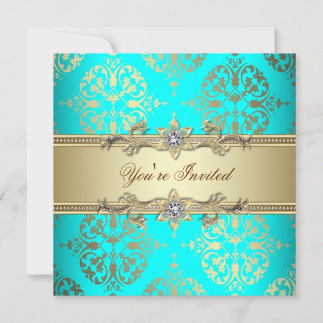 Elegantes Aquamarines Gold Damask Party Einladung (Vorderseite)