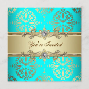 Elegantes Aquamarines Gold Damask Party Einladung