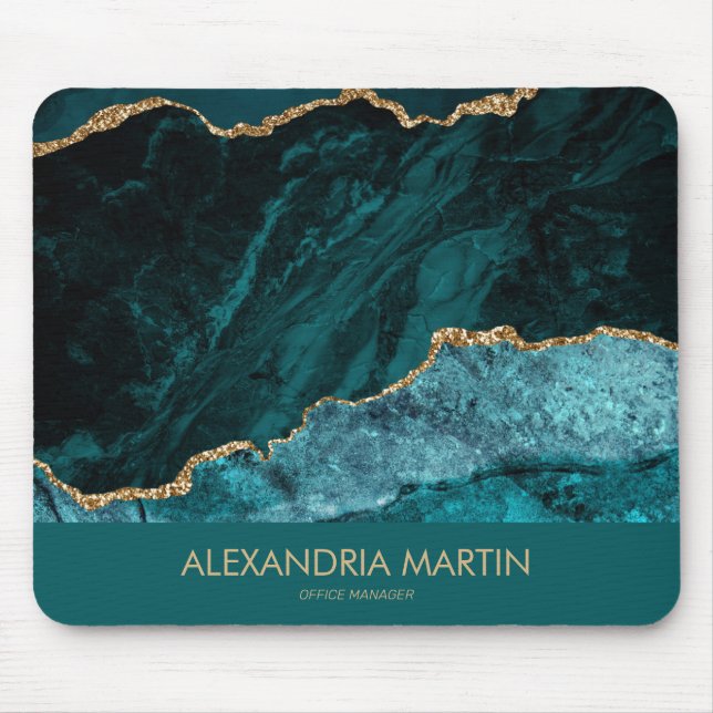 Elegantes Aquamarines Gold Glitzer Marmorbüro Mousepad (Vorne)
