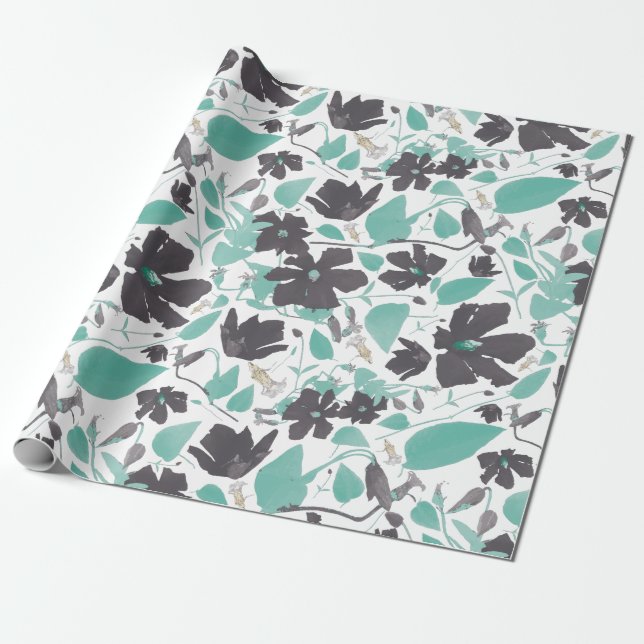 Elegantes Aquamarines Gray Brown Clematis Blumenmu Geschenkpapier (Ungerollt)