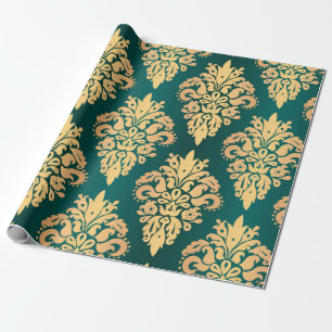 Elegantes Aquamarines Green Gold Classic Damask Mu Geschenkpapier