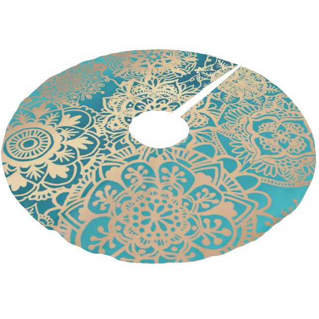 Elegantes Aquamarines Green- und Gold Mandala-Must Polyester Weihnachtsbaumdecke (Schrägansicht)