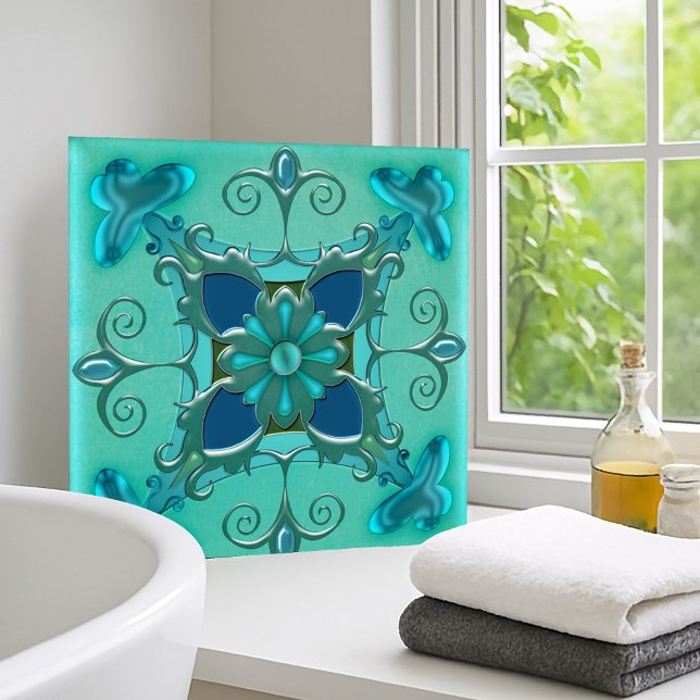 Elegantes Aquamarines grünes Badezimmer oder Küche Fliese (Artistic tile for bathroom or kitchen featuring a fantasy geometric design in teal and mint green)