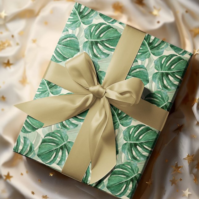 Elegantes Aquamarines Grünes Monstera Geschenkpapier (Von Creator hochgeladen)