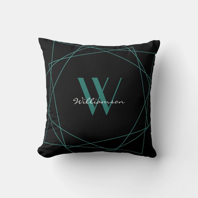 Elegantes, Aquamarines Monogramm-Geometriss Kissen (Vorderseite)