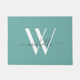 Elegantes Aquamarines Monogramm-Namensskript Fußmatte