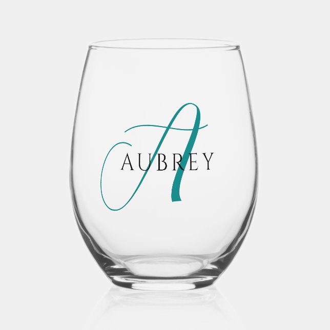 Elegantes Aquamarines Monogramm-Trinkbehälter-Set Weinglas Ohne Stiel (Vorderseite)