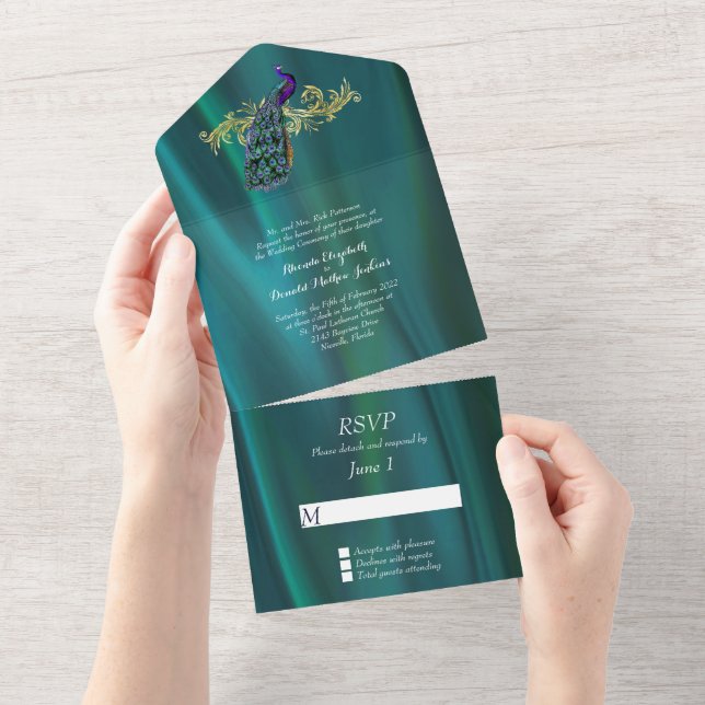 Elegantes Aquamarines Satin und Peacock All In One Einladung (Abreißen)