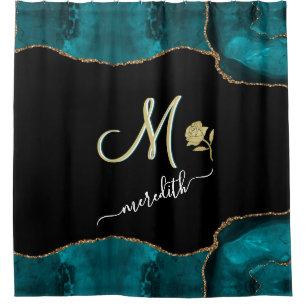 Elegantes Aquamarines Schwarzes Monogramm Duschvorhang
