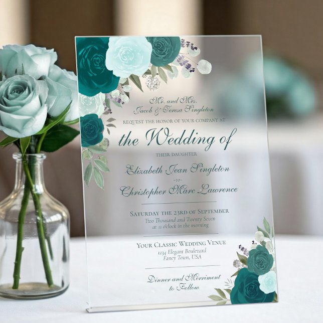 Elegantes Aquamarines Türkis & Aqua Rose Feierlich Acryleinladungen (Frosted Acrylic with Rectangle Cut)