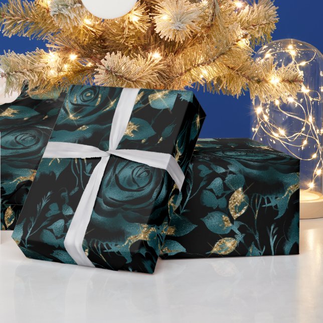 Elegantes Aquamarines und Gold Rose Blumenmuster Geschenkpapier (Feiertage)