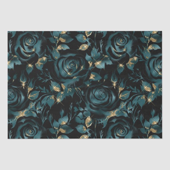 Elegantes Aquamarines und Gold Rose Blumenmuster Seidenpapier (Vorderseite)