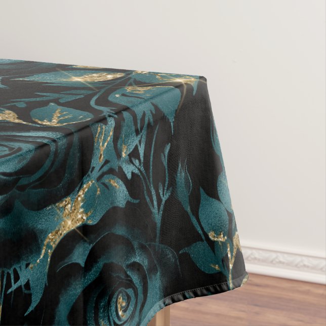 Elegantes Aquamarines und Gold Rose Blumenmuster Tischdecke (Beispiel)
