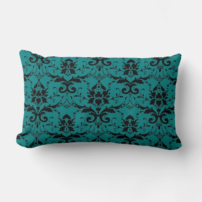 Elegantes Aquamarines und schwarzes Damaskusmuster Lendenkissen (Vorderseite)
