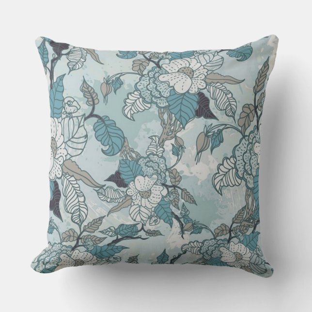 Elegantes Aquamarines und weißes Blumenkissen Kissen (Vorderseite)