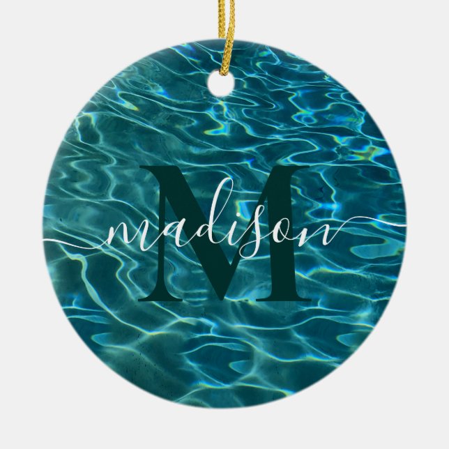 Elegantes, aquamarines Wassermuster Seewellen Keramik Ornament (Vorne)