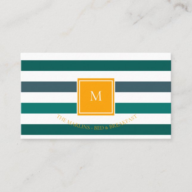 Elegantes Aquamarines Weißstreifen-Monogramm Visitenkarte (Vorderseite)