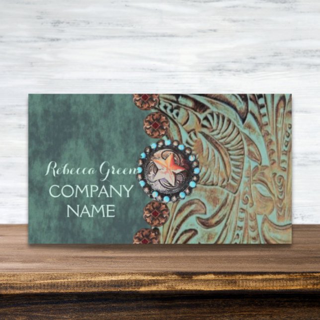 elegantes aquamarines Western aus geschliffenem Le Visitenkarte (elegant teal western country tooled leather business card)