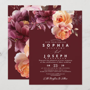 Elegantes Aquarell-Bordeaux-Blumenstrauß-Hochzeit Einladung