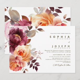 Elegantes Aquarell-Bordeaux-Blumenstrauß-Hochzeit Einladung