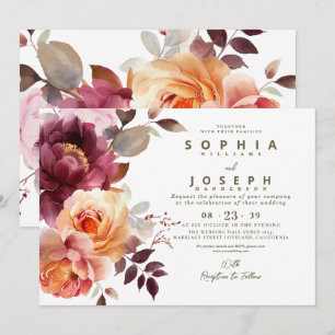 Elegantes Aquarell-Bordeaux-Blumenstrauß-Hochzeit Einladung