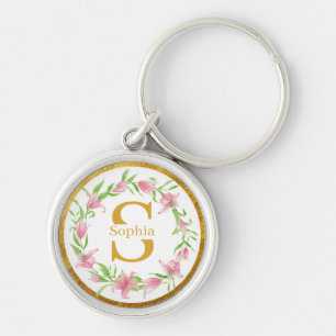 Elegantes Aquarell Gold Rosa Florales Lilien Monog Schlüsselanhänger