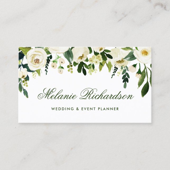 Elegantes Aquarell-grünes Mit Blumenweiß Visitenkarte (Vorderseite)